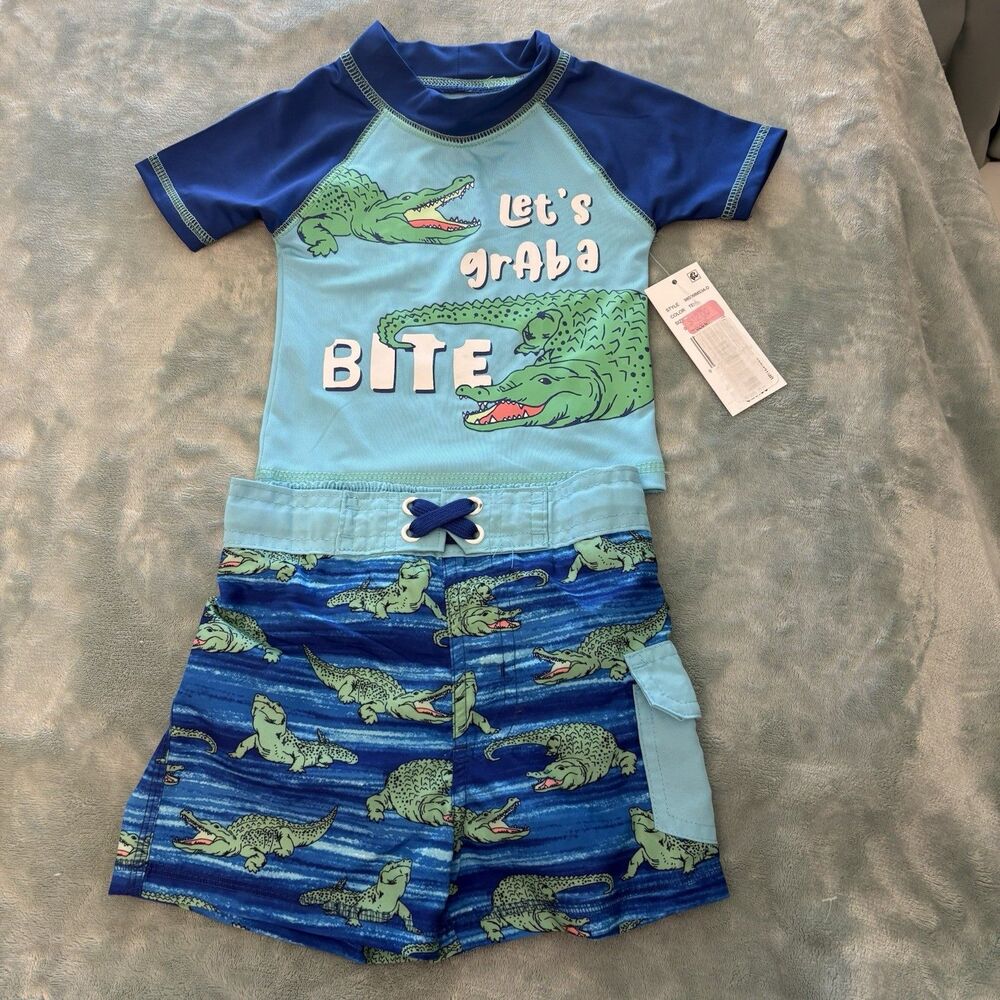 Swim Short‎ Set Baby Boys 12 MO Blue Alligator Let's Grab a Bite Mick Mack